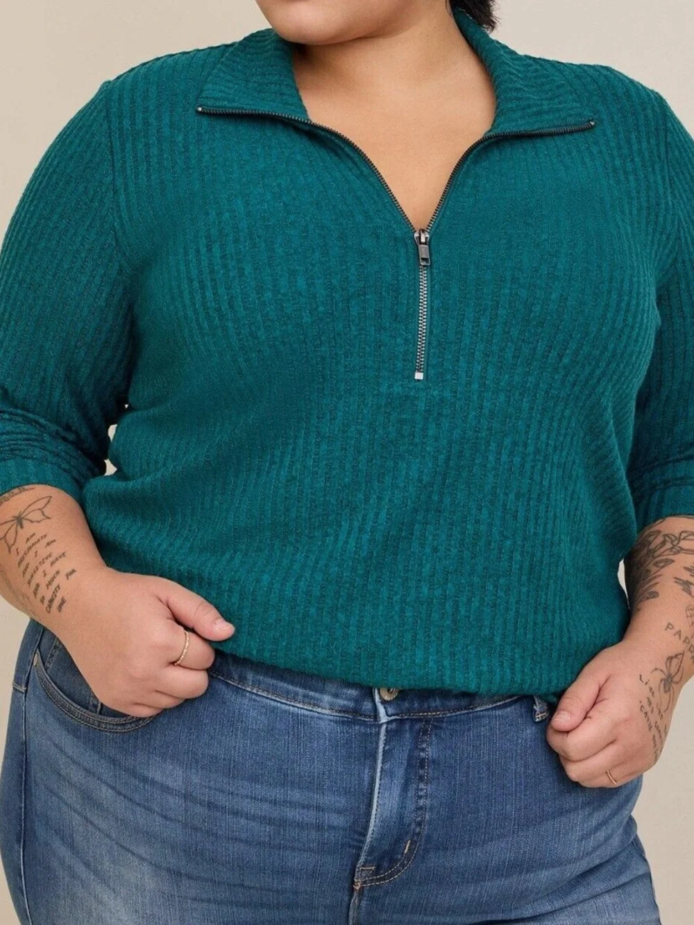 Torrid Relaxed Fit Super Soft Plush Rib Quarter Zip Sweatshirt Teal, Women's 4X